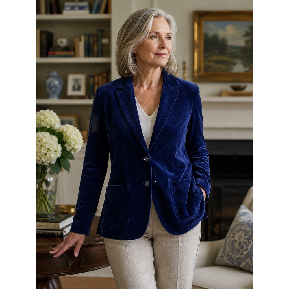Nan Elliot Velvet Blazer Women 14 Blue Cotton Two Button Patch Pocket Jacket